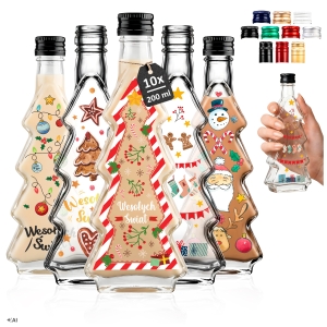 10x Skleněná láhev Stromek 200 ml s vánočními nálepkami na likéry, sirupy, nalévky