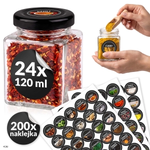 24× skleněné kořenky 120 ml + 200× etikety + naběračka na koření