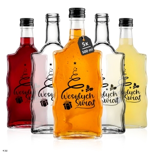 Sada 5 kusů – láhev FALA 500 ml se šroubovacím uzávěrem s potiskem – VESELÉ VÁNOCE – na likéry, pálenku