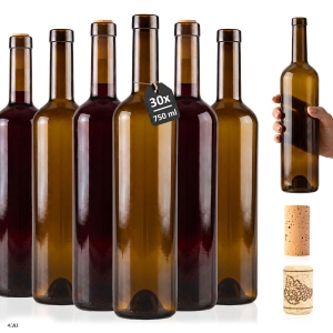 30× skleněná láhev Bordeaux 750 ml hnědá na víno, cider, likéry