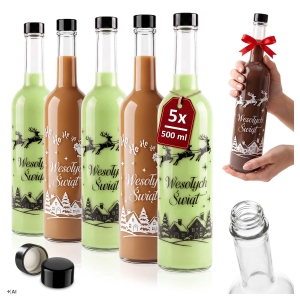 5x Láhev Futura 500 ml na šroubovací uzávěr GPI s vánočním potiskem SANĚ – jako dárek, na likér a víno