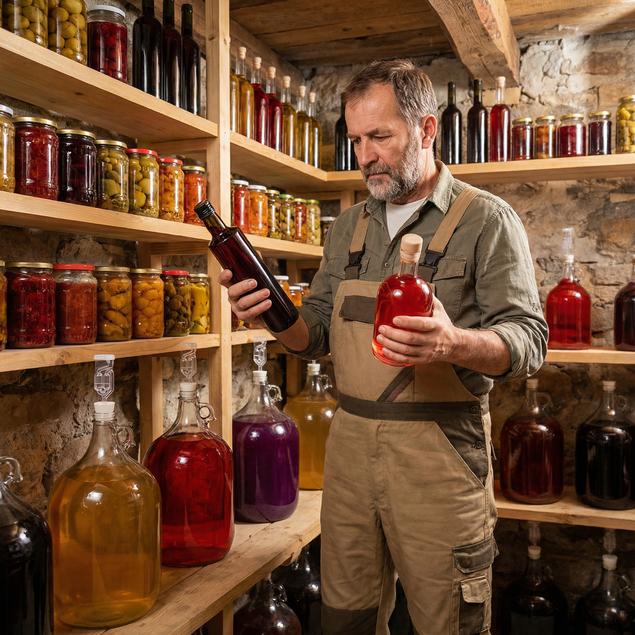 Domácí nalévky uložené ve spíži, ve vhodném skle