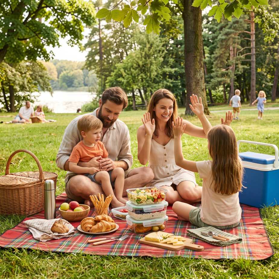 Rychlé občerstvení na rodinný piknik: pečivo, saláty, ovoce, zelenina, sýry