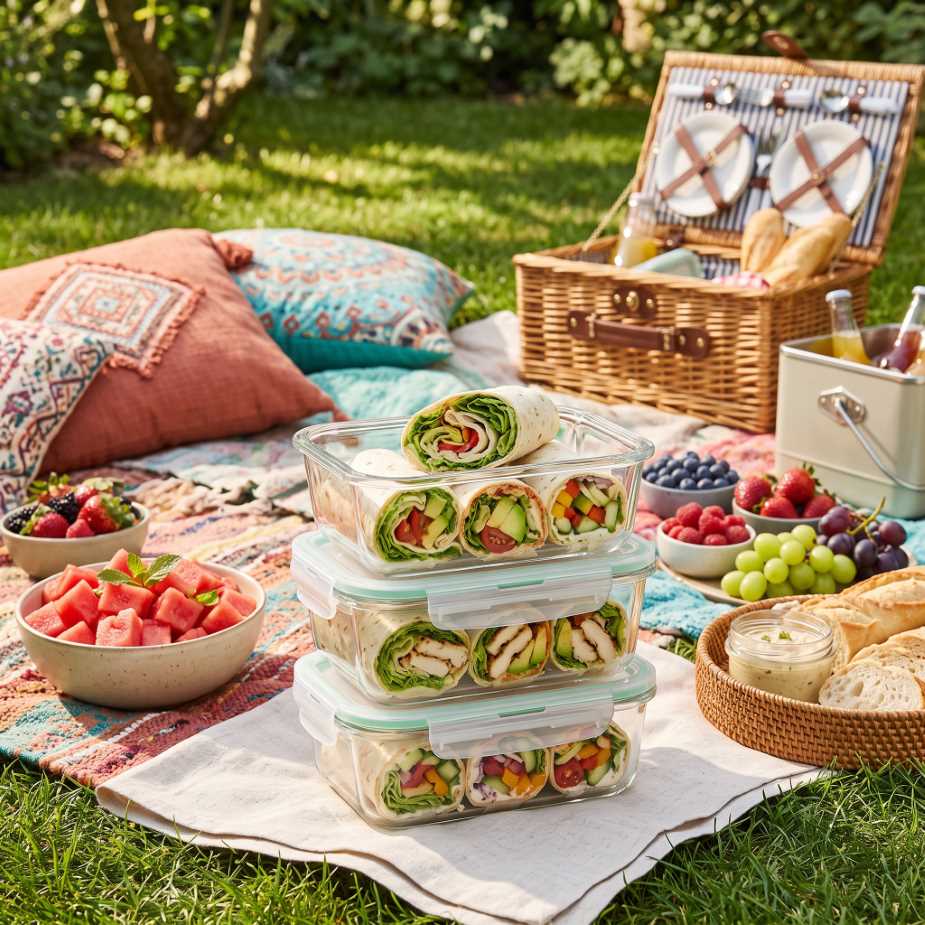 Syté wrapy na rodinný piknik ve skleněných lunchboxech