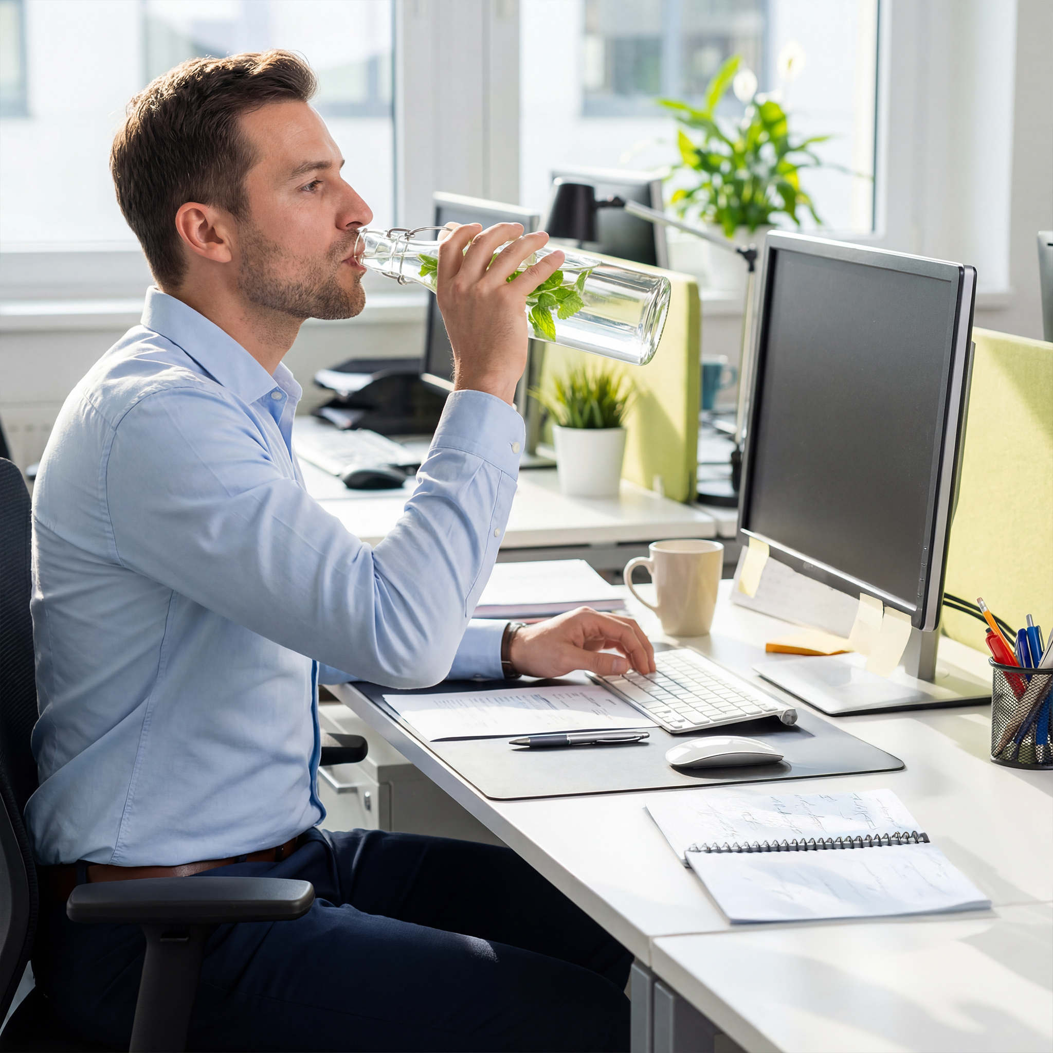 Pití vody po malých doušcích během práce – způsob, jak zajistit správnou hydrataci